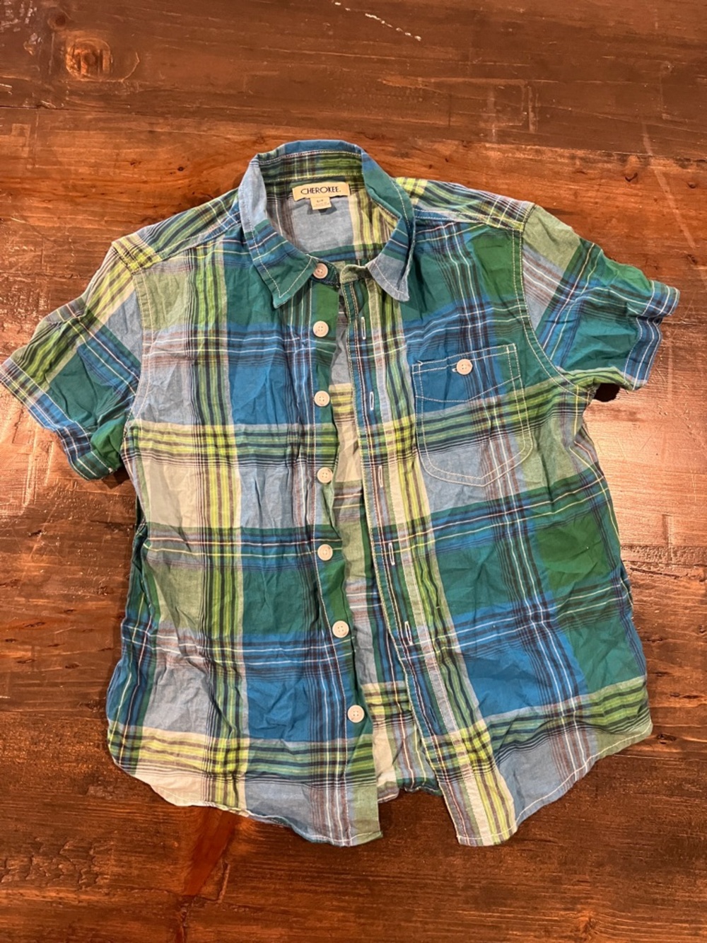 Cherokee Green Blue Plaid Short-Sleeve Button-Down Shirt